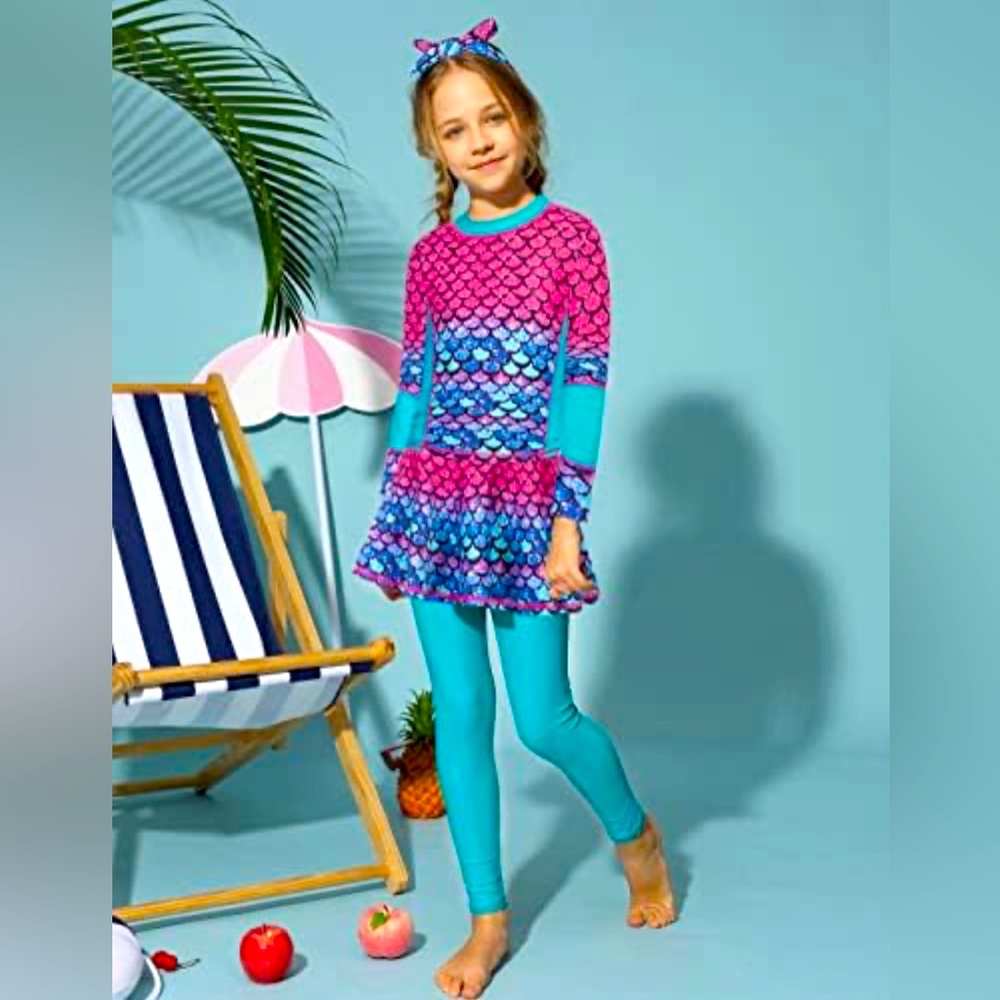 Danna Belle Girls Long Sleeve Rash Guard Set 3pc Mermaid Swimsuit Size 12 NWT
